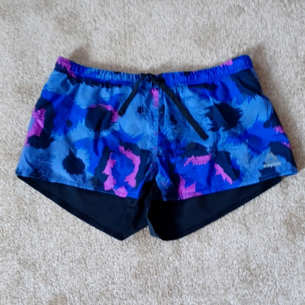 REEBOK Bright Front Speedwick Lined Running Shorts Black/Blue/Fuschia Women's S